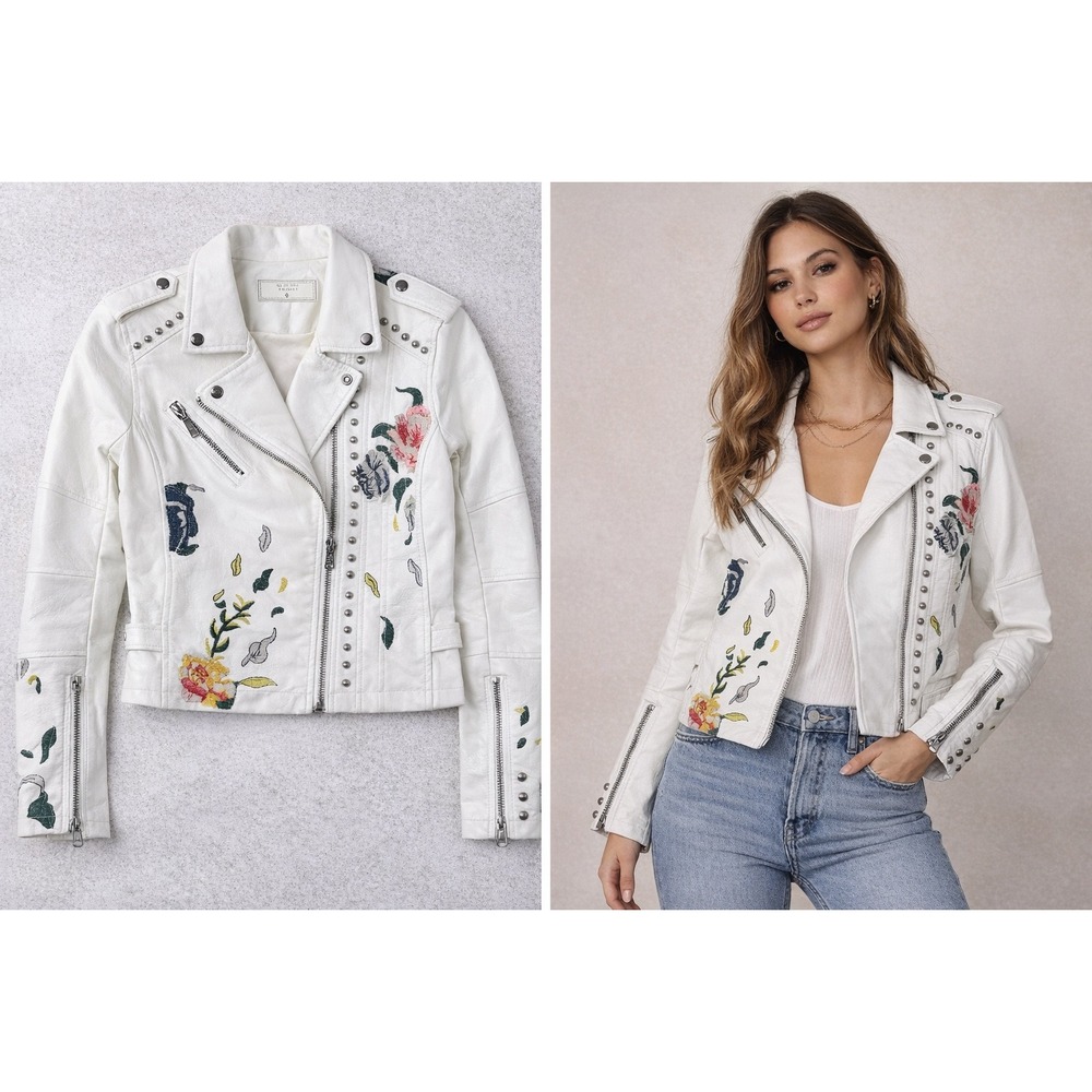 BLANKNYC White Embroidered Floral‎ Moto Jacket XS Studded Faux Leather